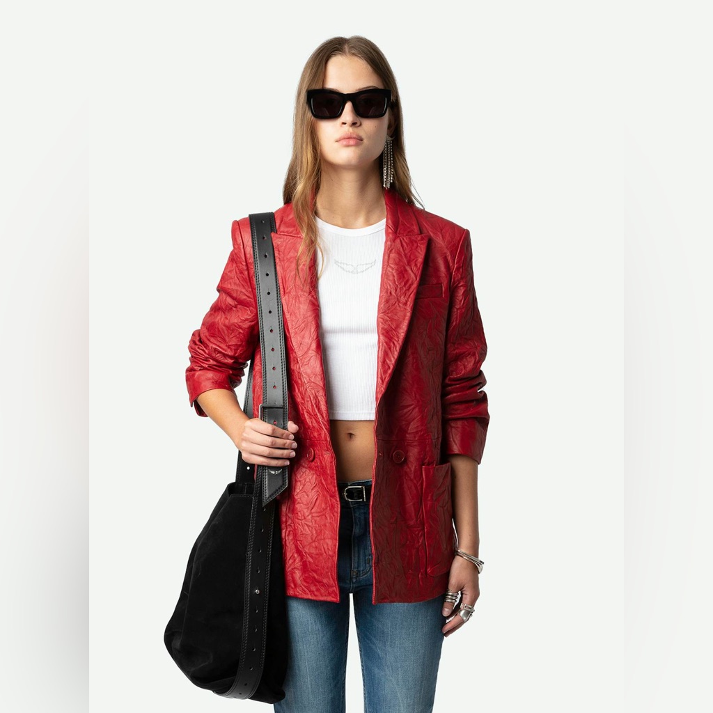 Zadig & Voltaire Visko Crinkled Red Lambskin Leather Blazer, Women’s Size 34, Xs